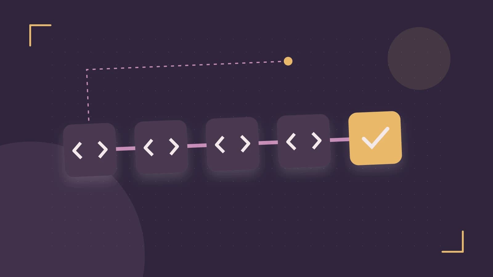 Editorial illustration of a branching build pipeline, staged transformations and a completed check