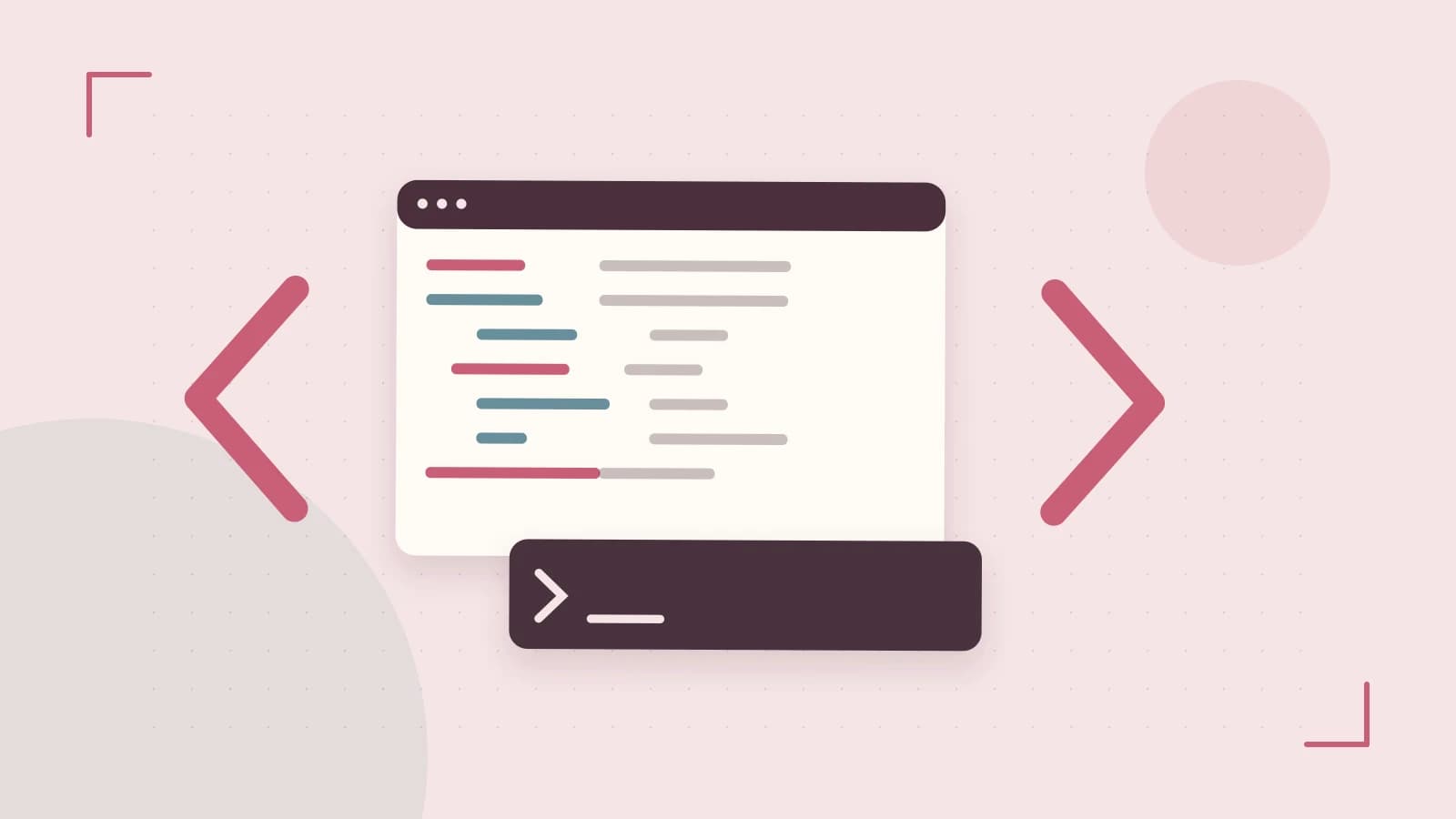 Editorial illustration of an abstract code editor, syntax blocks and oversized programming brackets