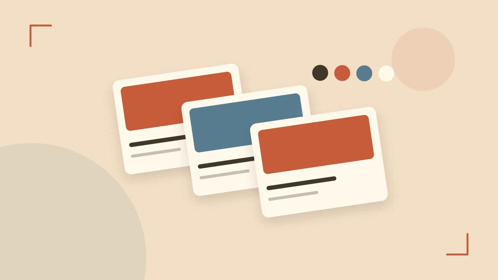Editorial illustration of responsive browser layouts, overlapping design components and a color system
