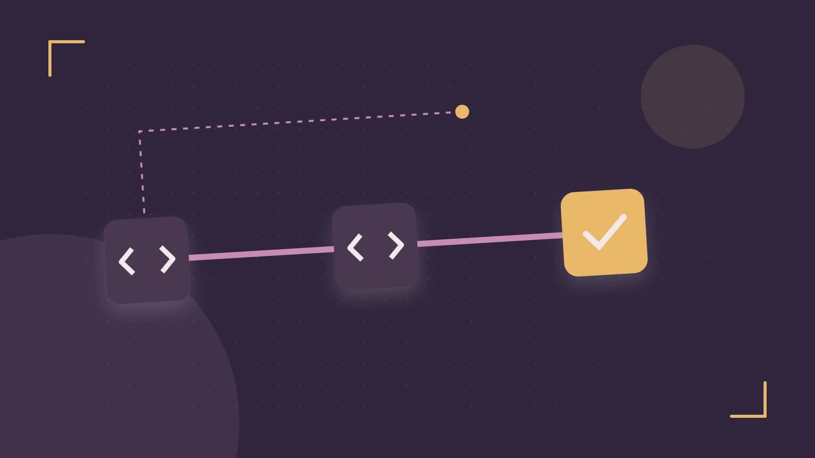 Editorial illustration of a branching build pipeline, staged transformations and a completed check