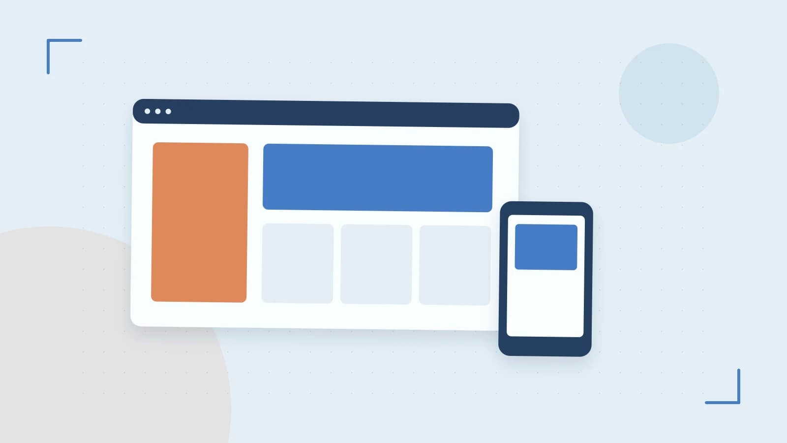 Editorial illustration of responsive browser layouts, overlapping design components and a color system