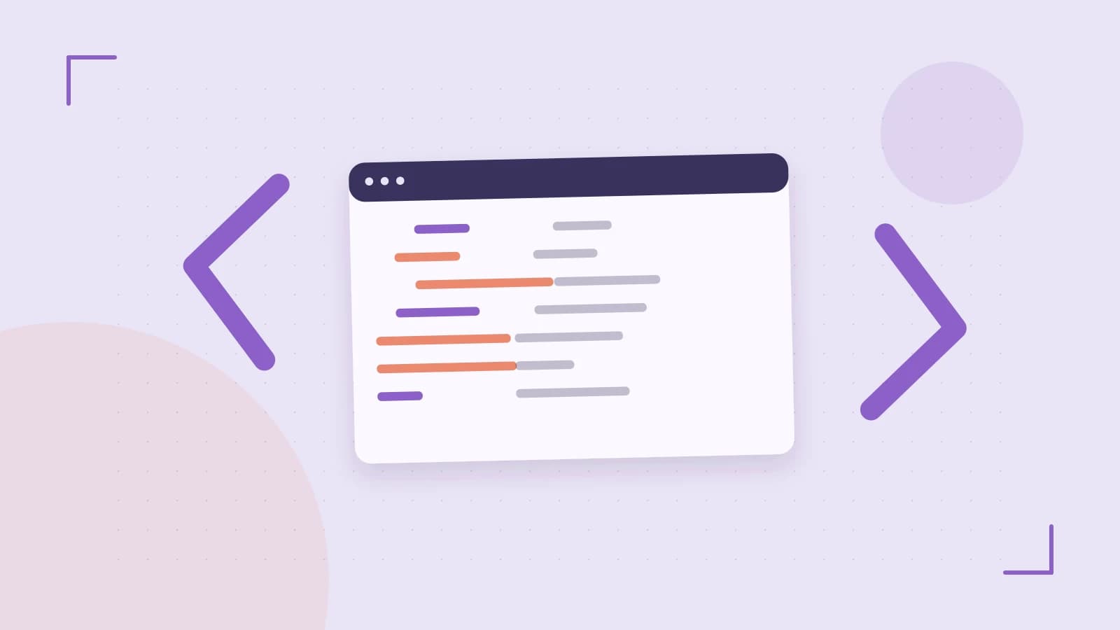 Editorial illustration of an abstract code editor, syntax blocks and oversized programming brackets