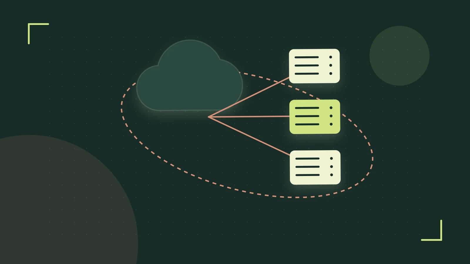 Editorial illustration of cloud infrastructure, connected server racks and an orbital service map