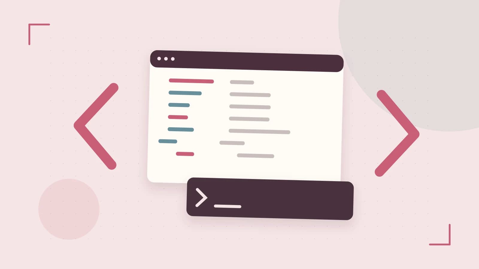 Editorial illustration of an abstract code editor, syntax blocks and oversized programming brackets