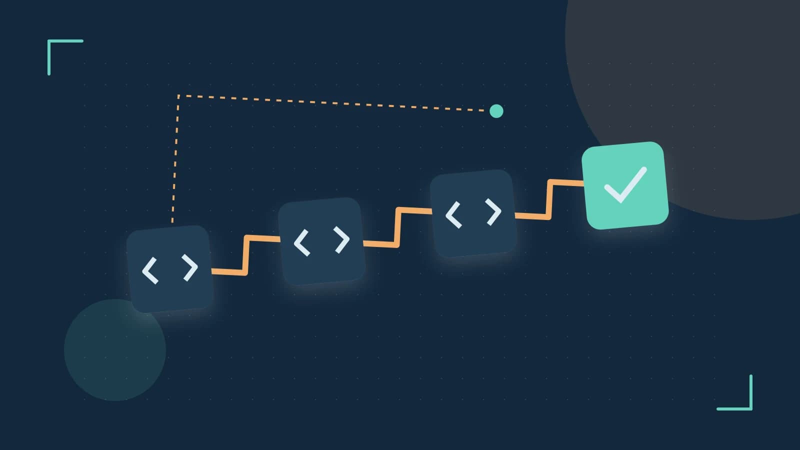 Editorial illustration of a branching build pipeline, staged transformations and a completed check