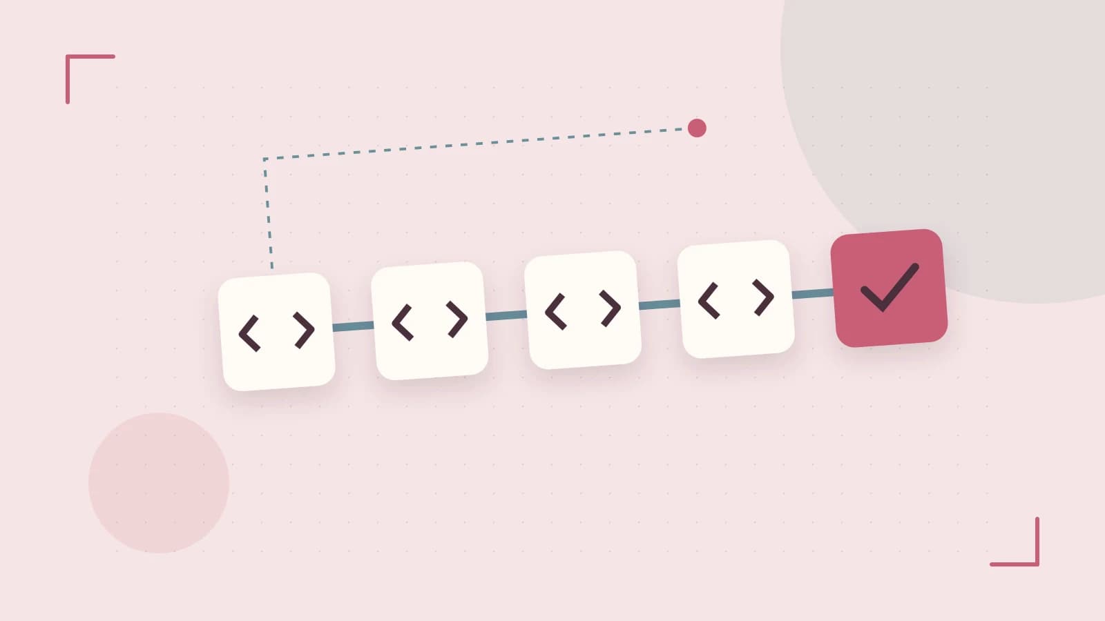 Editorial illustration of a branching build pipeline, staged transformations and a completed check