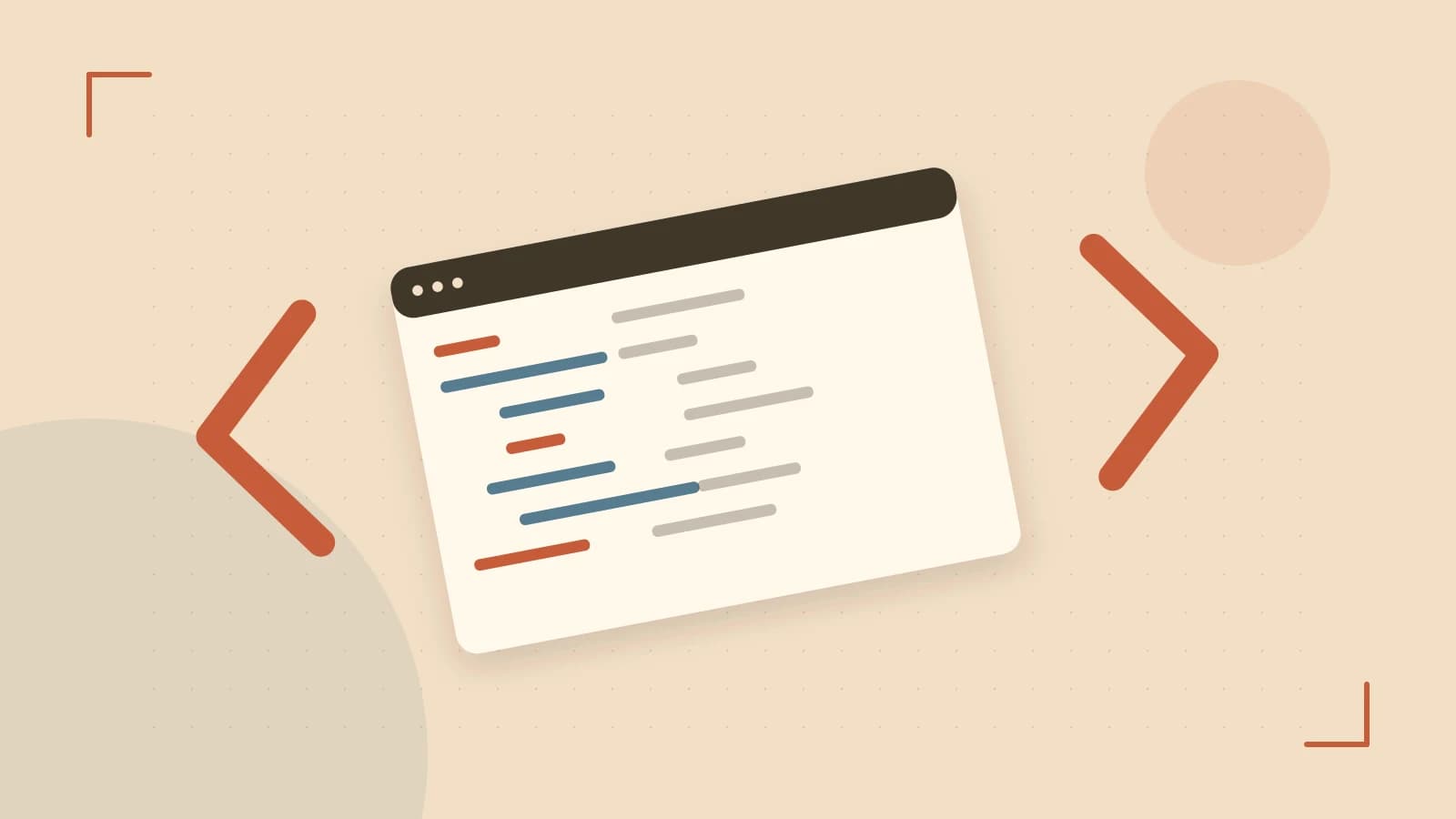 Editorial illustration of an abstract code editor, syntax blocks and oversized programming brackets