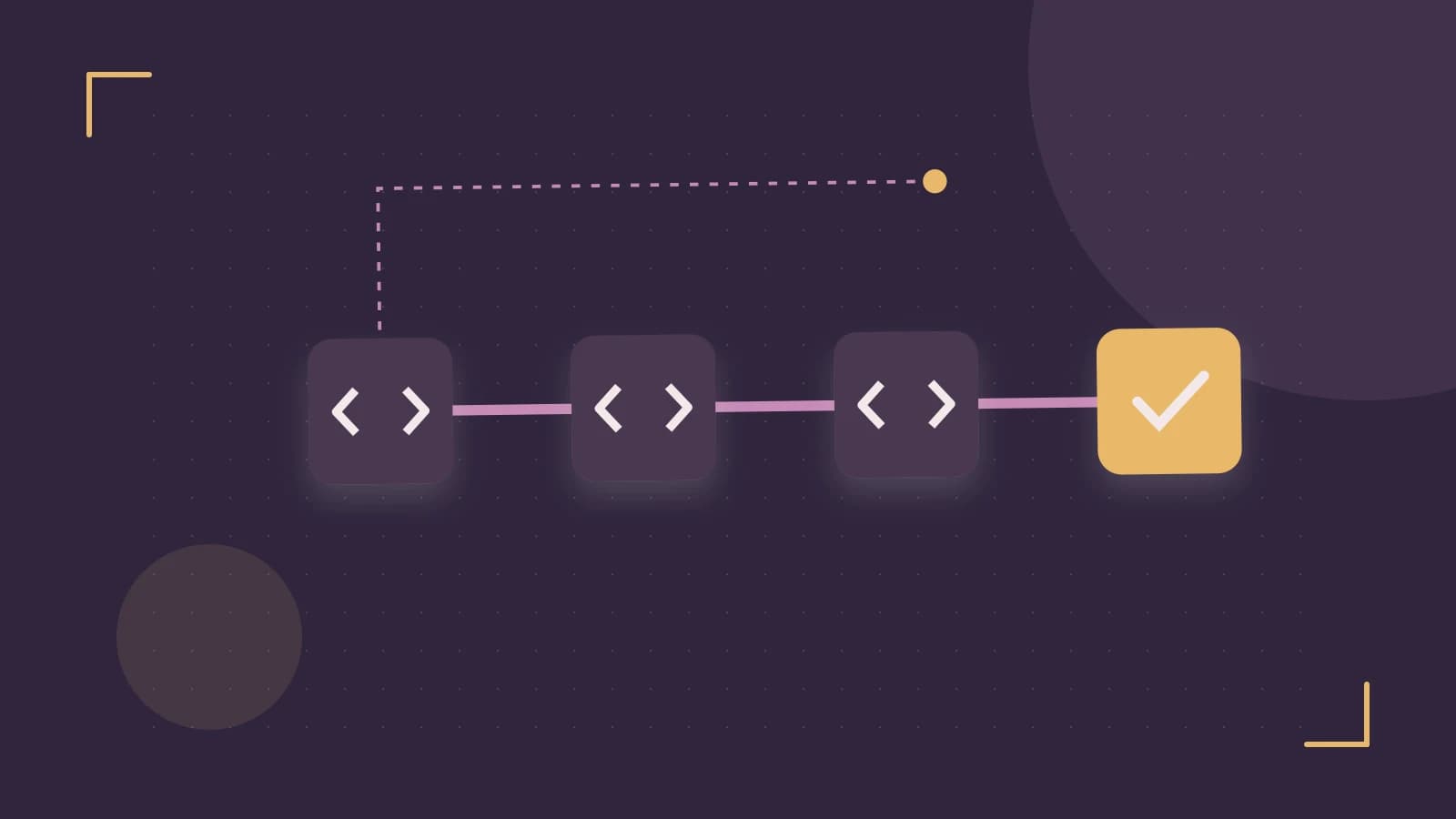 Editorial illustration of a branching build pipeline, staged transformations and a completed check