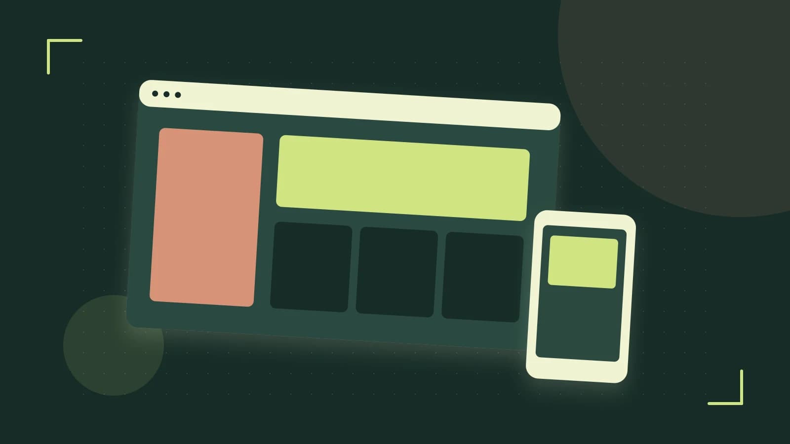 Editorial illustration of responsive browser layouts, overlapping design components and a color system