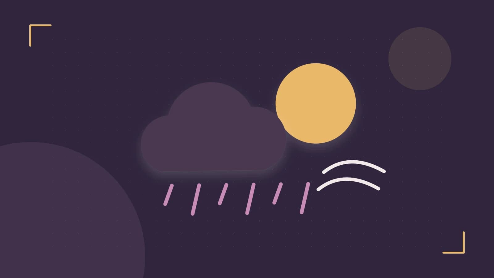 Editorial illustration of a sun, layered clouds, raindrops and flowing weather patterns