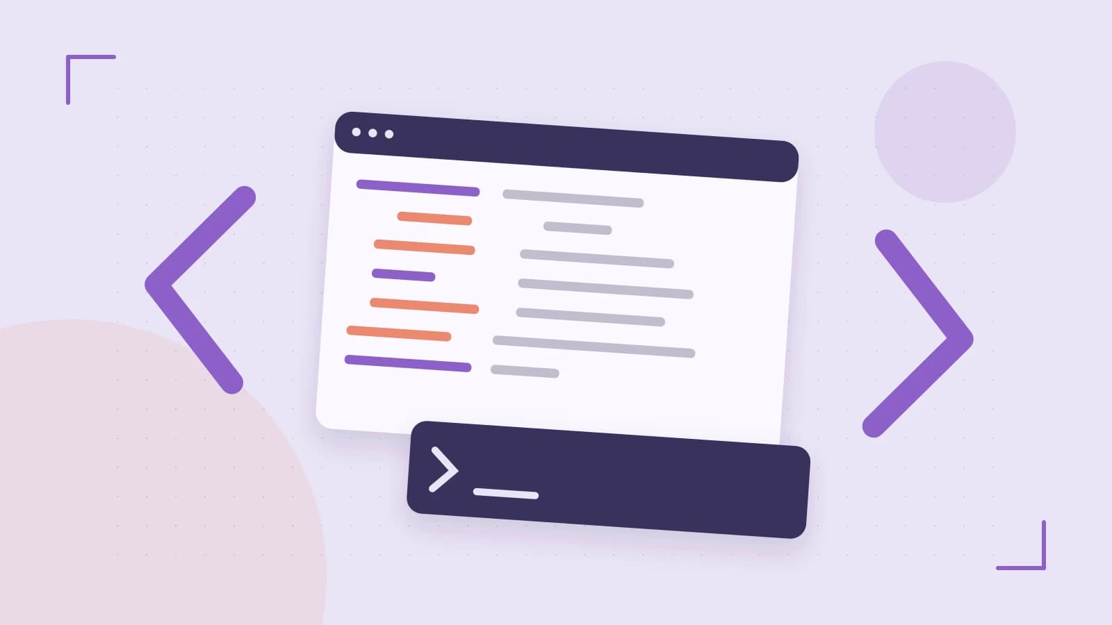 Editorial illustration of an abstract code editor, syntax blocks and oversized programming brackets