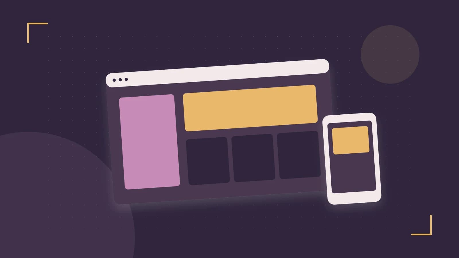 Editorial illustration of responsive browser layouts, overlapping design components and a color system
