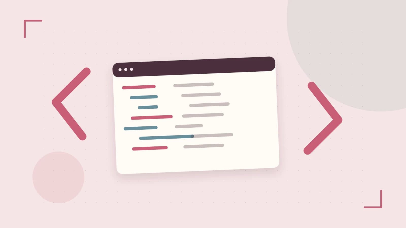 Editorial illustration of an abstract code editor, syntax blocks and oversized programming brackets