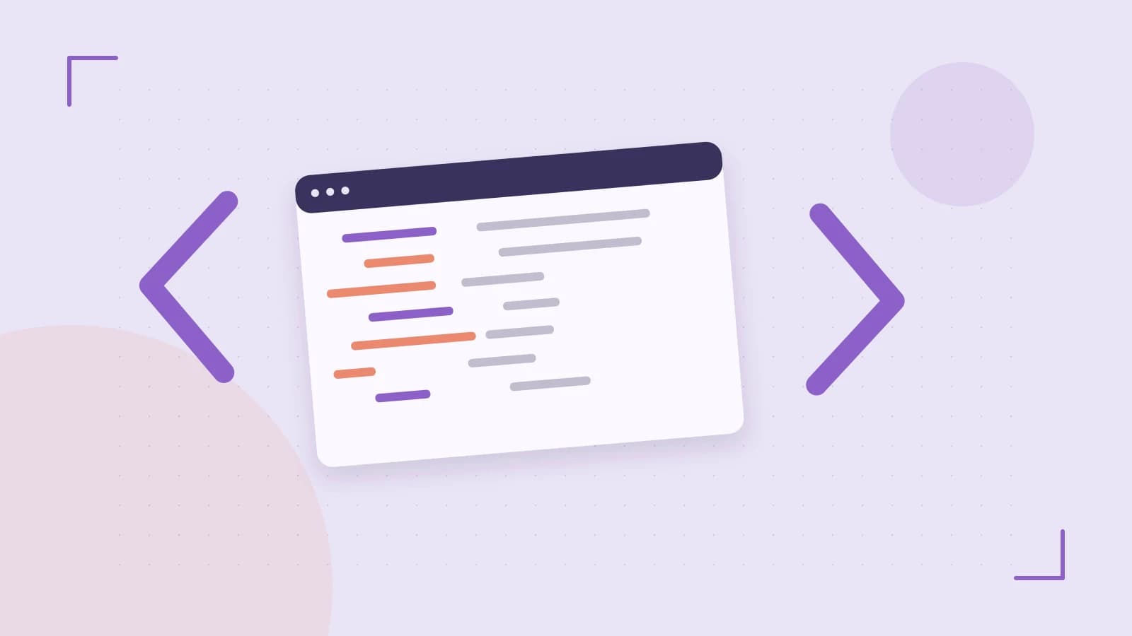 Editorial illustration of an abstract code editor, syntax blocks and oversized programming brackets