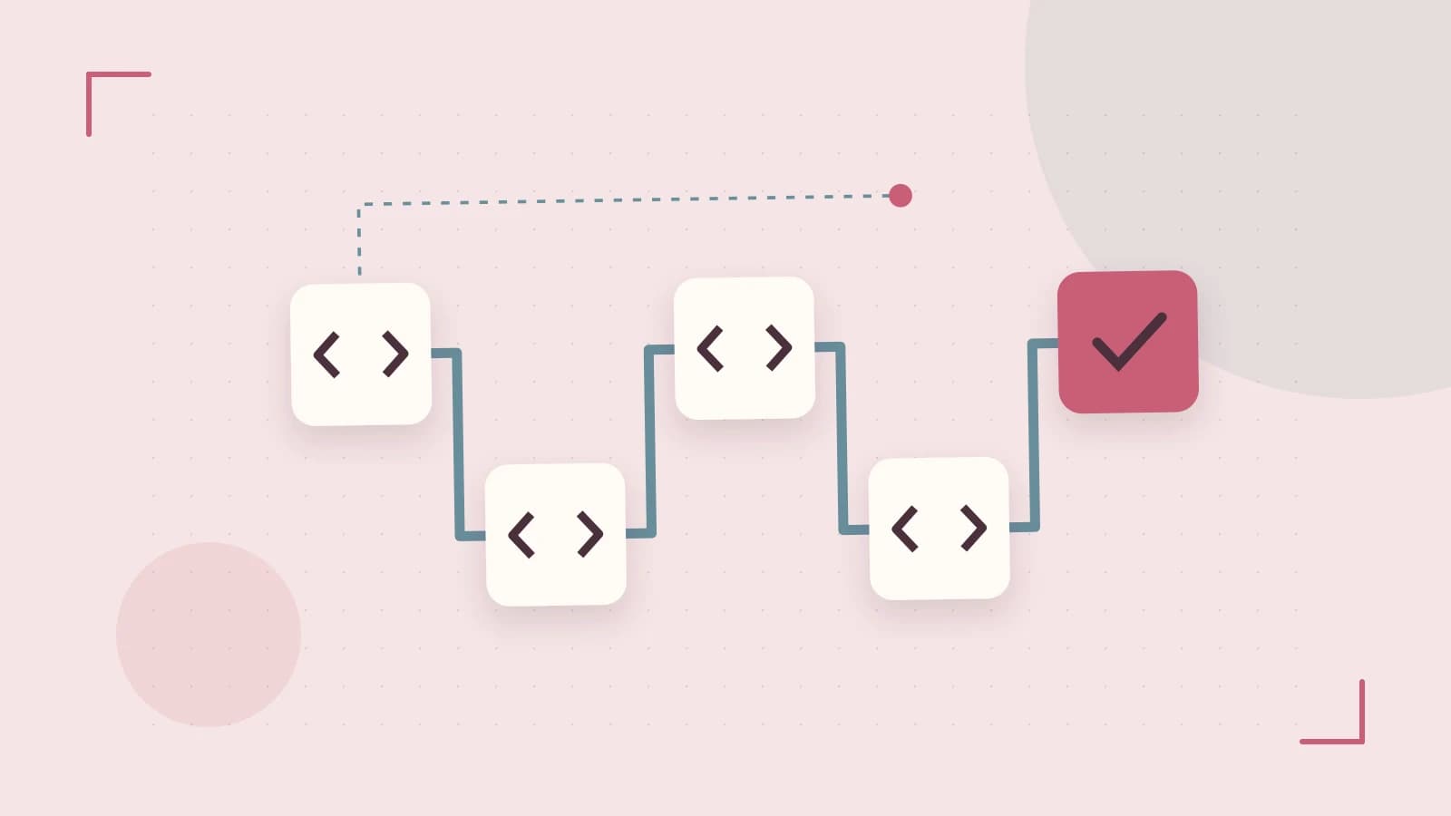 Editorial illustration of a branching build pipeline, staged transformations and a completed check