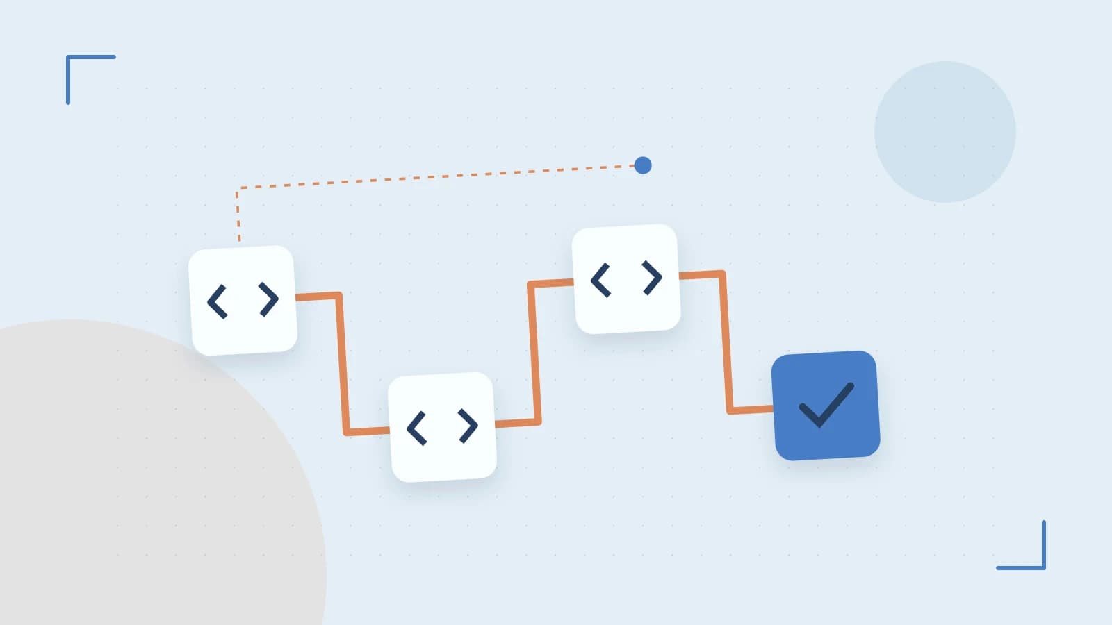 Editorial illustration of a branching build pipeline, staged transformations and a completed check