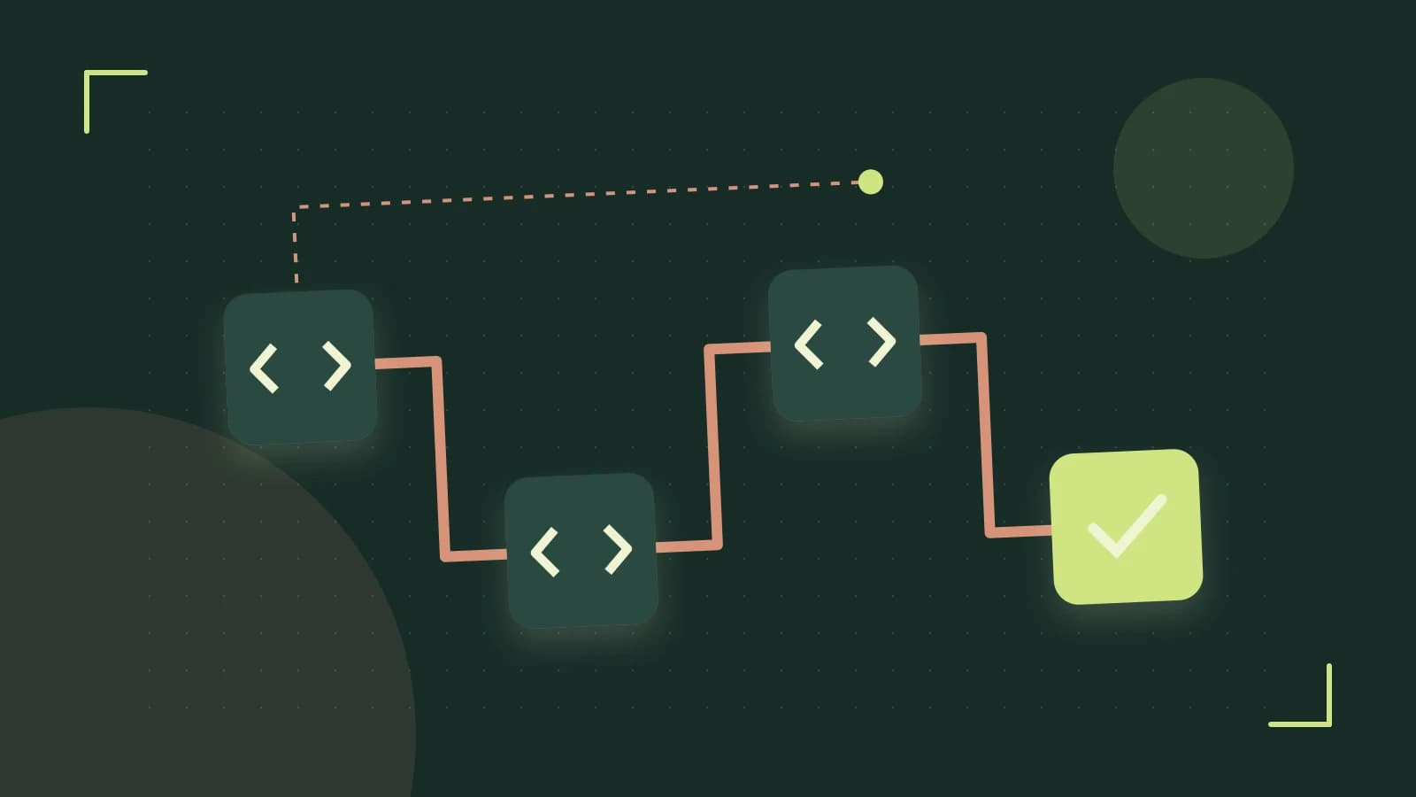 Editorial illustration of a branching build pipeline, staged transformations and a completed check