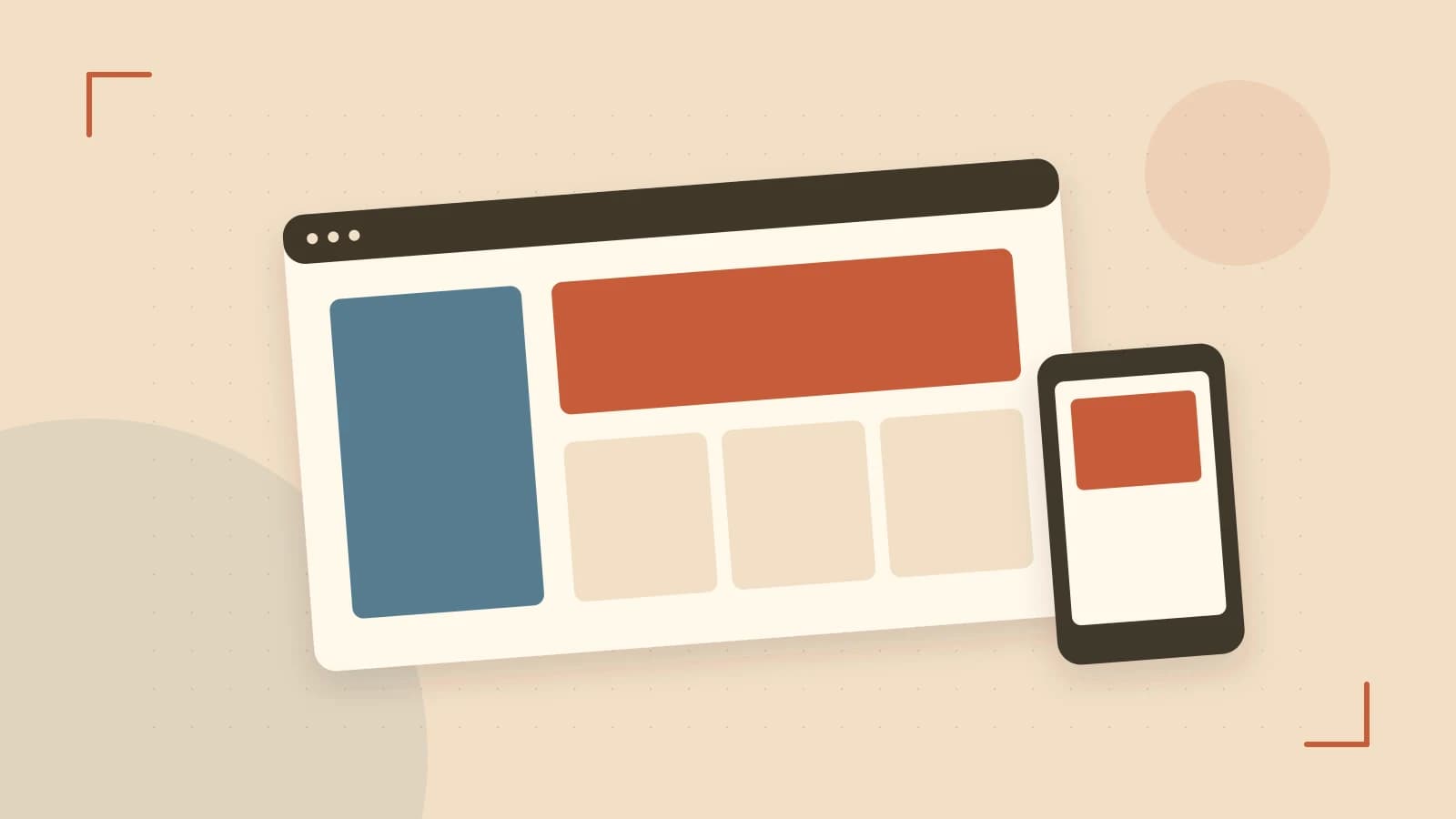 Editorial illustration of responsive browser layouts, overlapping design components and a color system