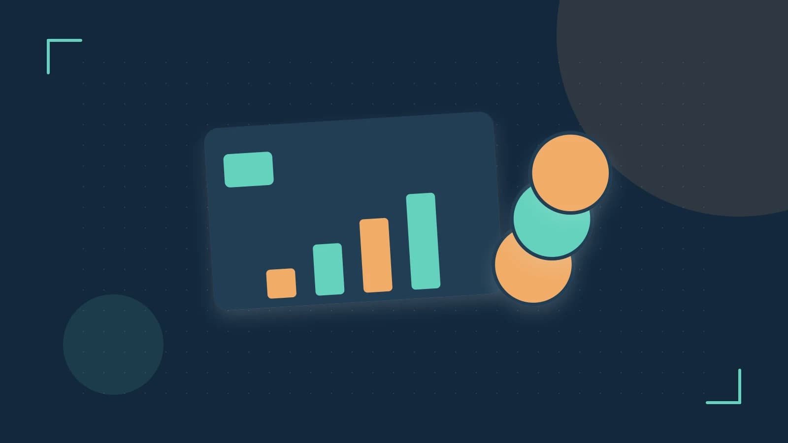 Editorial illustration of abstract coins, a payment card and a geometric financial chart without data labels