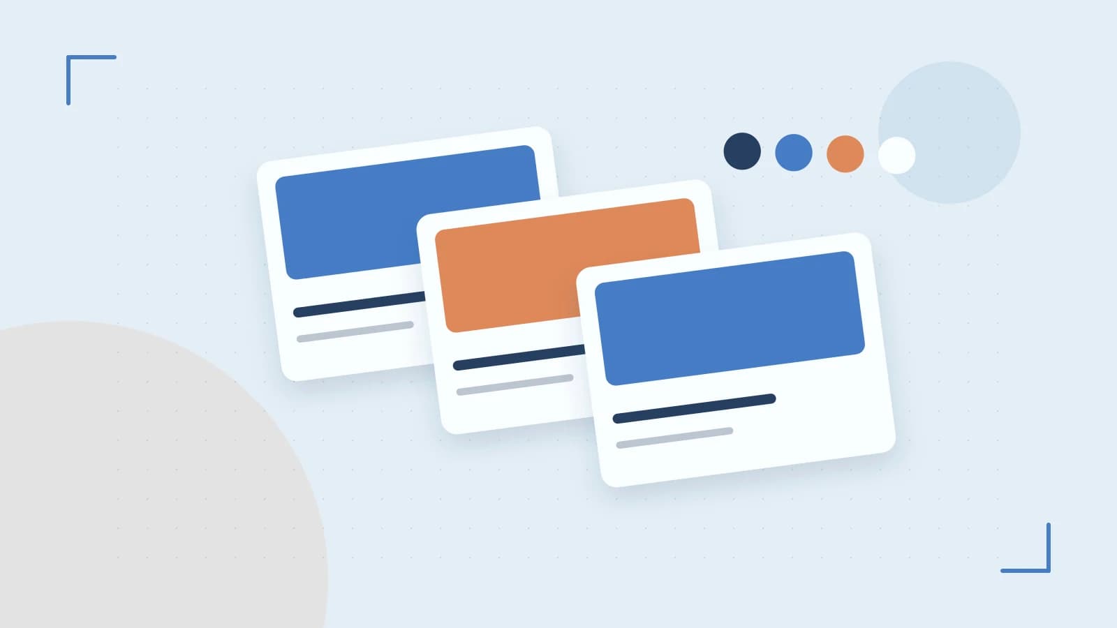 Editorial illustration of responsive browser layouts, overlapping design components and a color system