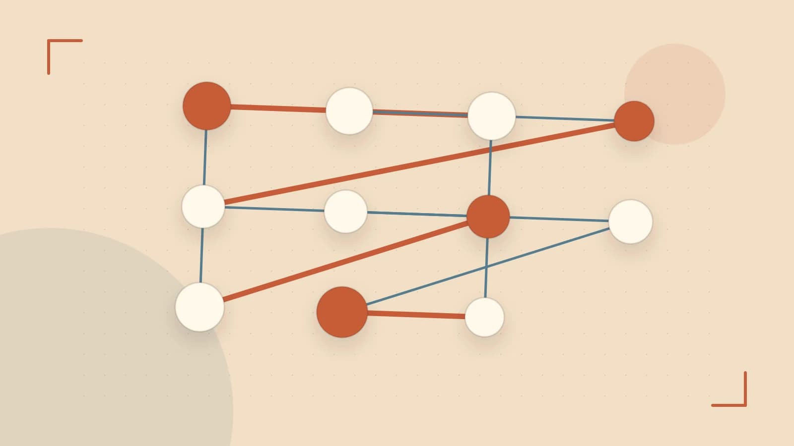 Editorial illustration of an algorithmic node graph with branching paths and a highlighted result