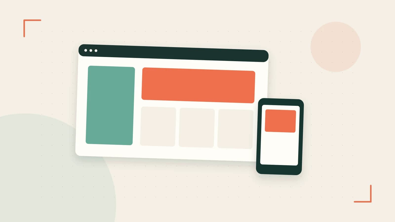 Editorial illustration of responsive browser layouts, overlapping design components and a color system