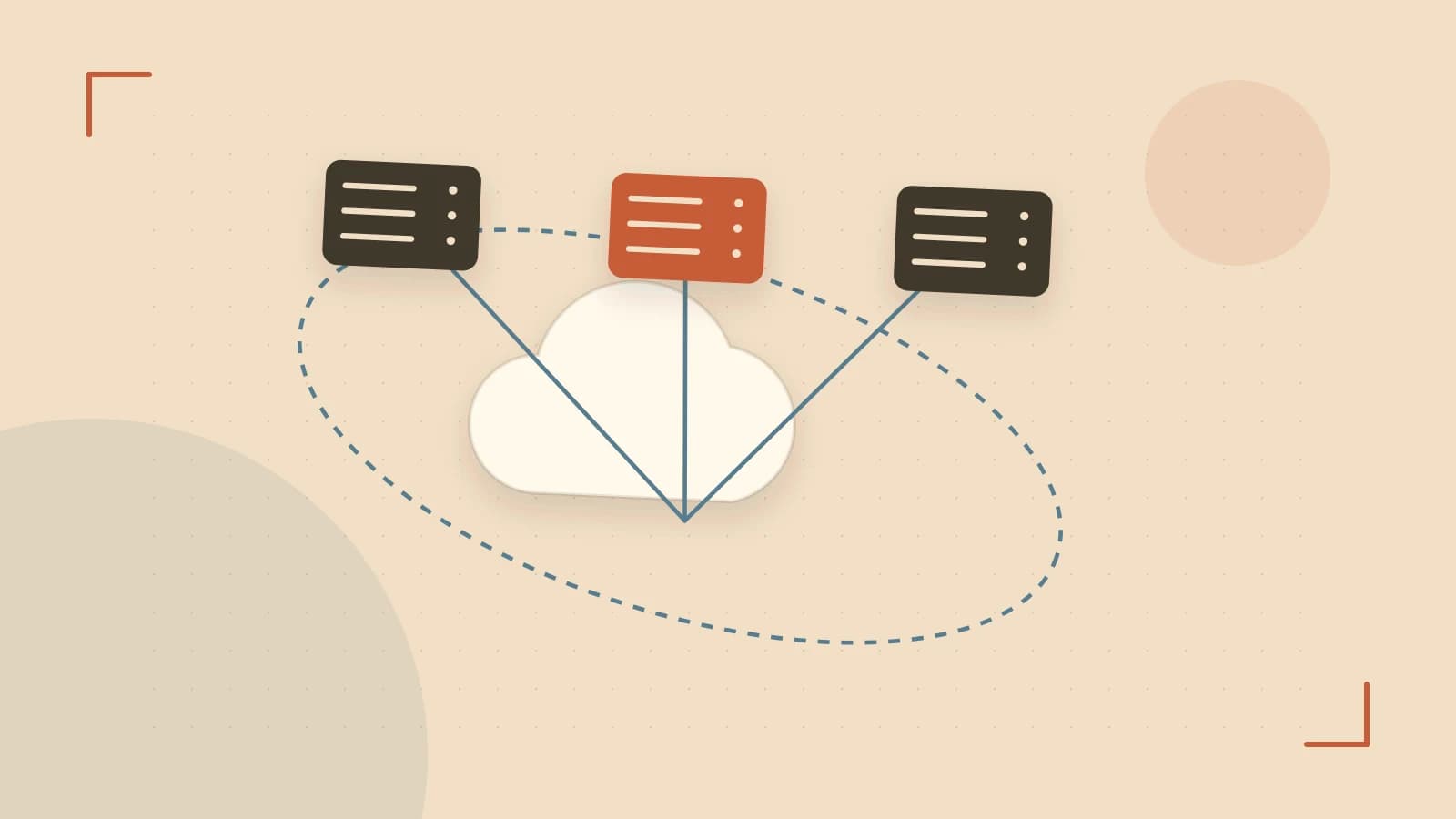 Editorial illustration of cloud infrastructure, connected server racks and an orbital service map