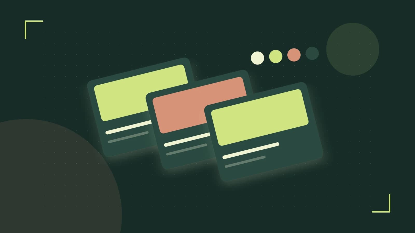 Editorial illustration of responsive browser layouts, overlapping design components and a color system