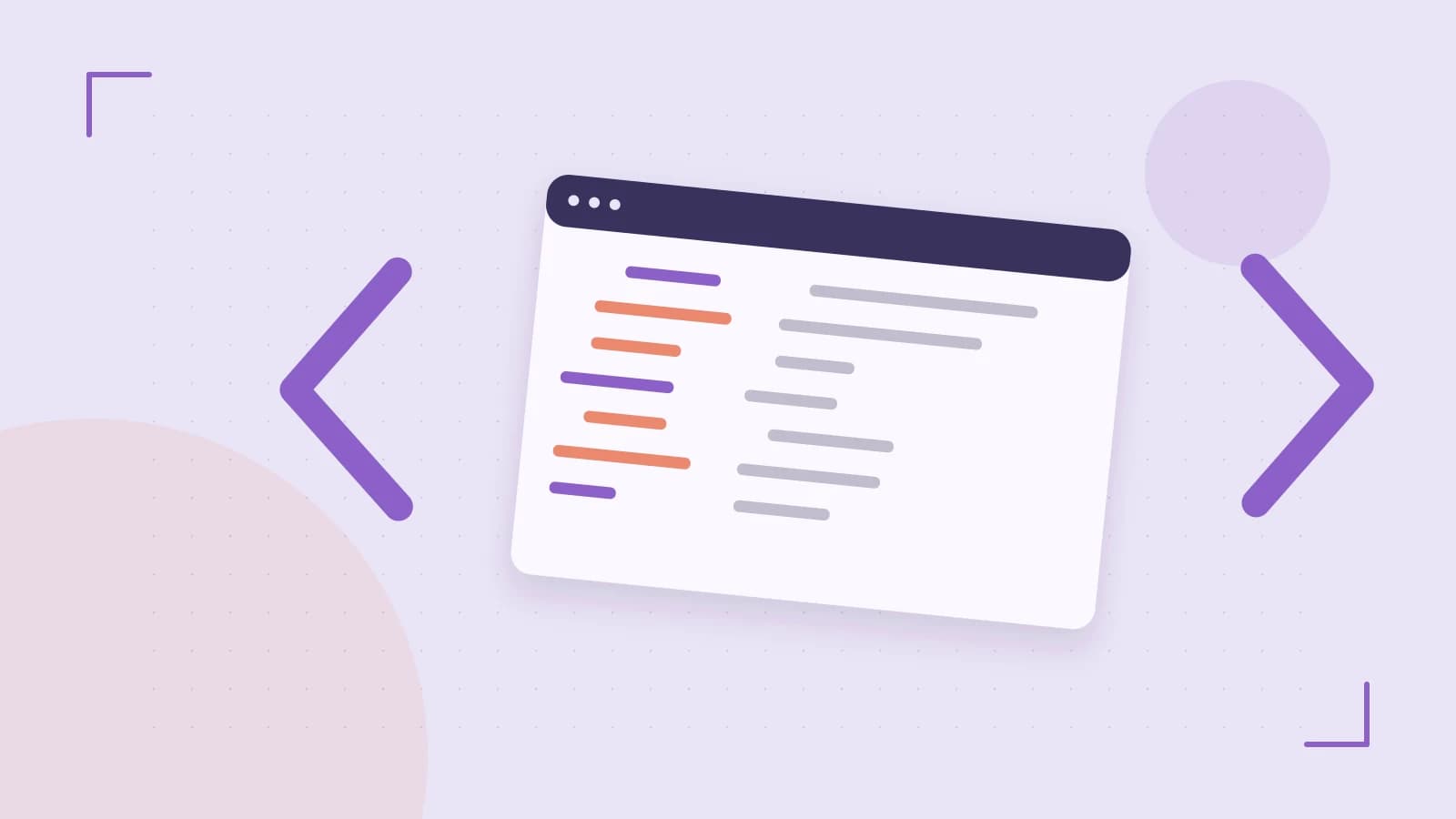 Editorial illustration of an abstract code editor, syntax blocks and oversized programming brackets