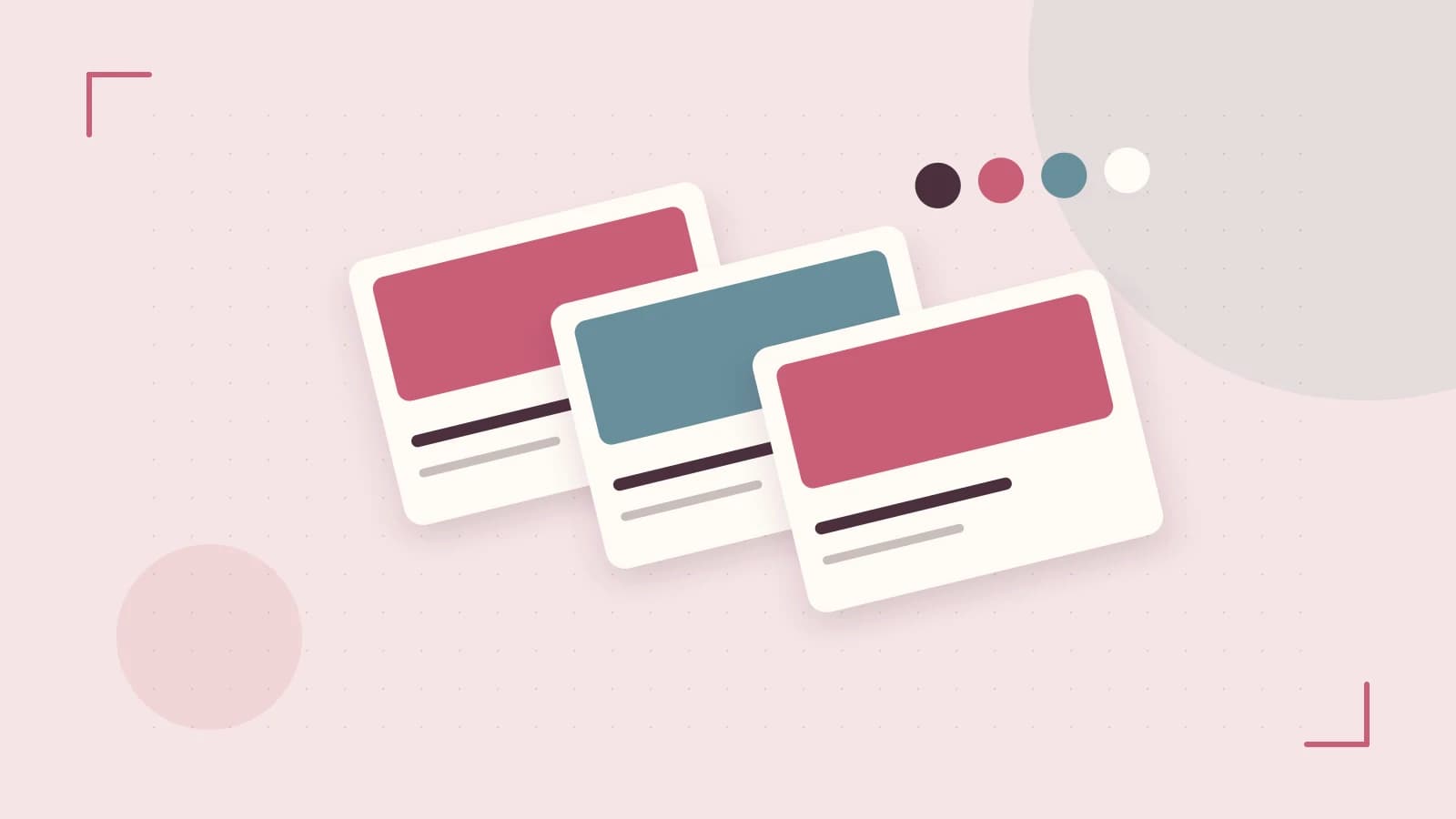Editorial illustration of responsive browser layouts, overlapping design components and a color system