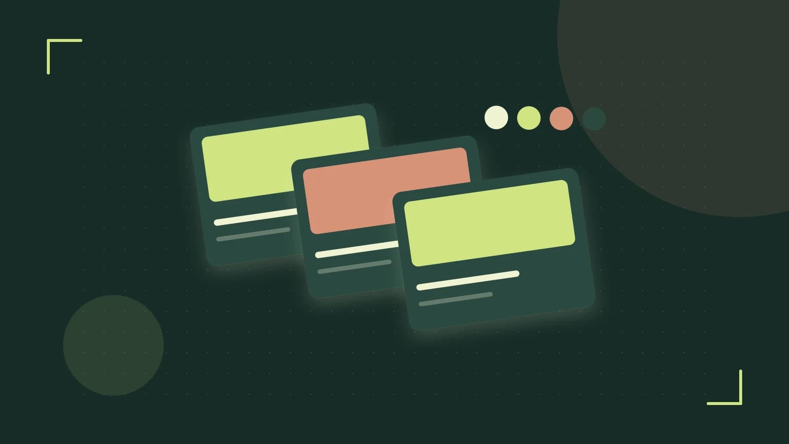 Editorial illustration of responsive browser layouts, overlapping design components and a color system
