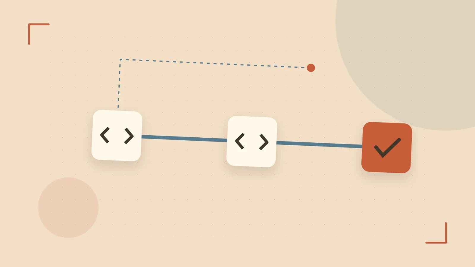 Editorial illustration of a branching build pipeline, staged transformations and a completed check