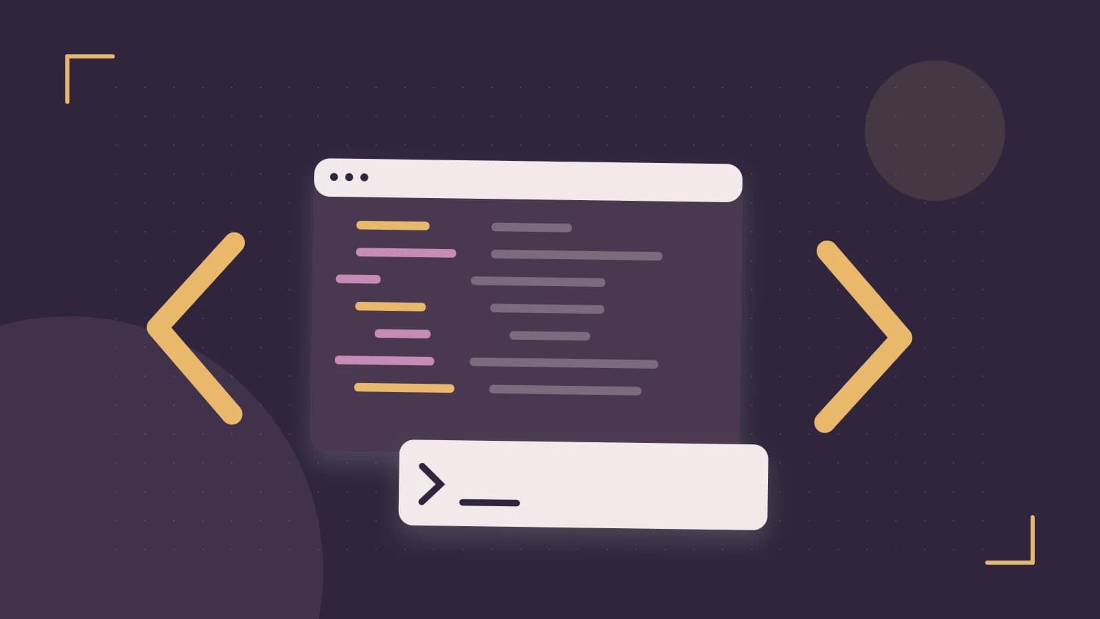 Editorial illustration of an abstract code editor, syntax blocks and oversized programming brackets