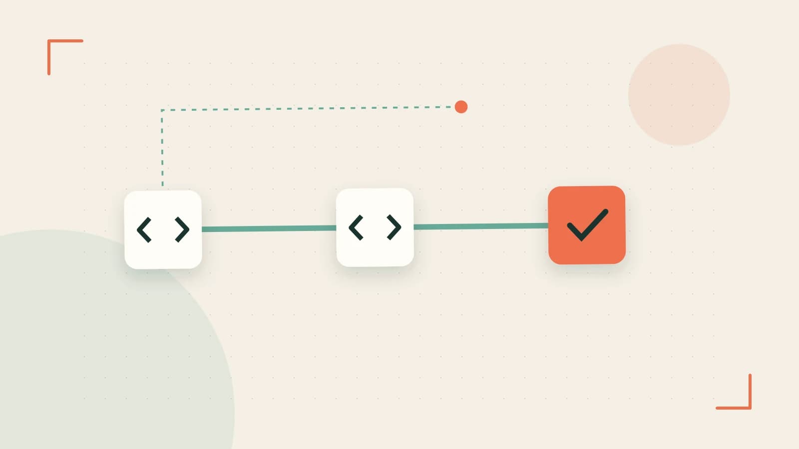 Editorial illustration of a branching build pipeline, staged transformations and a completed check