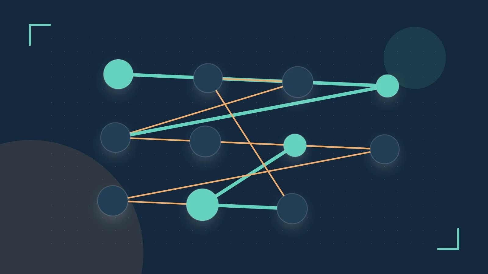 Editorial illustration of an algorithmic node graph with branching paths and a highlighted result