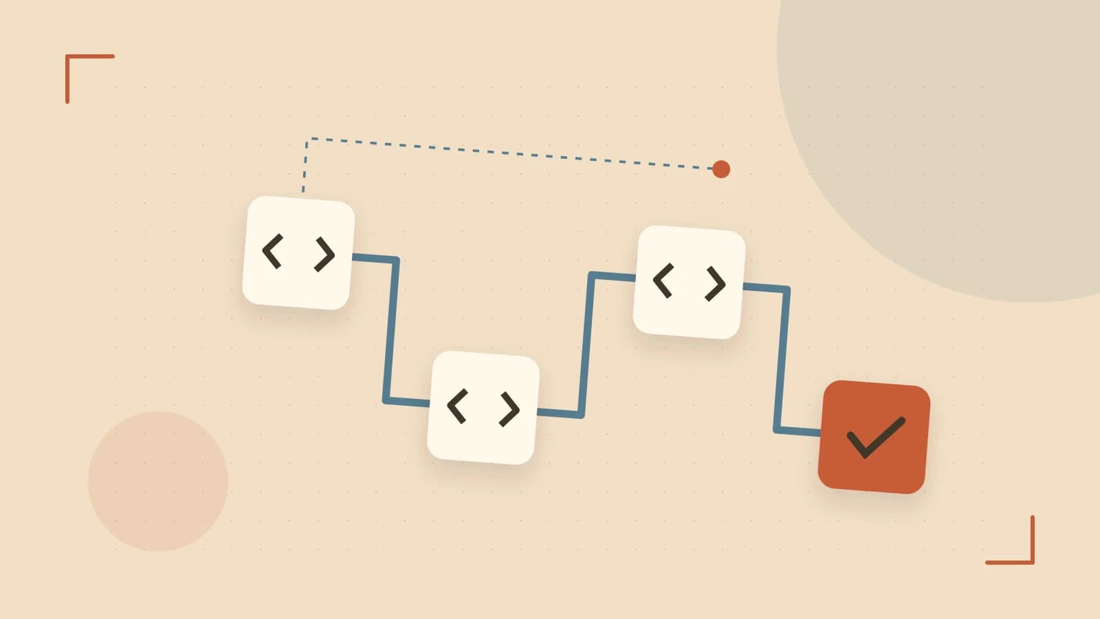 Editorial illustration of a branching build pipeline, staged transformations and a completed check