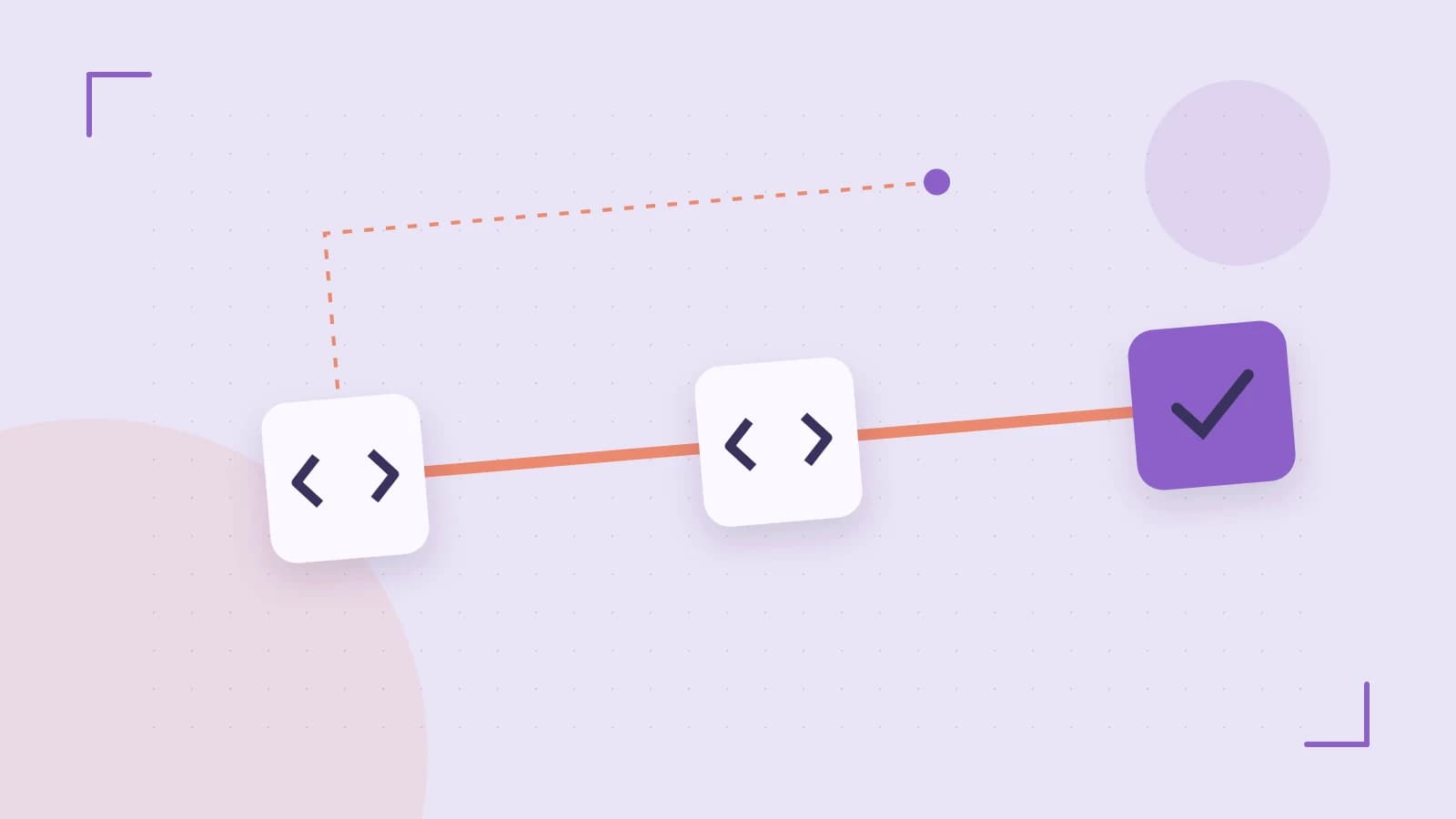 Editorial illustration of a branching build pipeline, staged transformations and a completed check