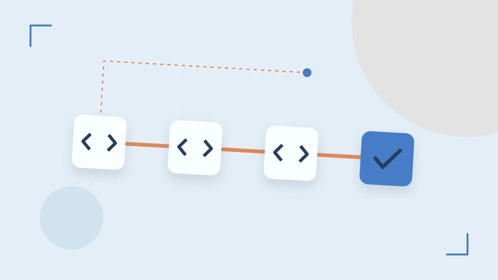 Editorial illustration of a branching build pipeline, staged transformations and a completed check
