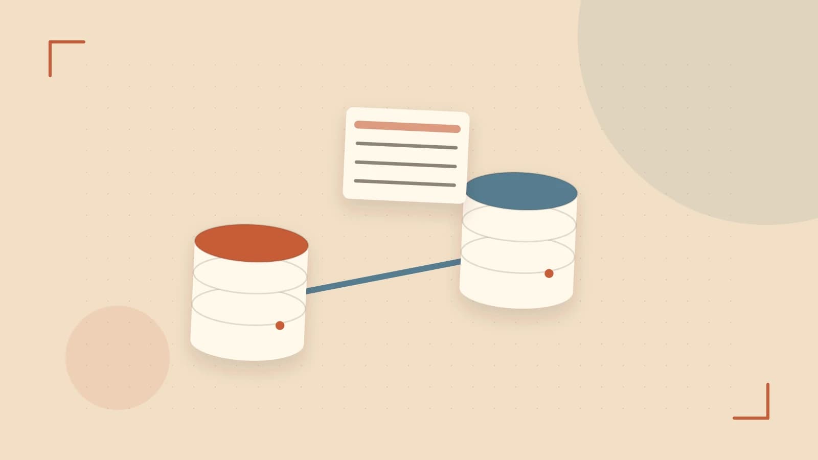 Editorial illustration of structured records, database cylinders and relationships between tables