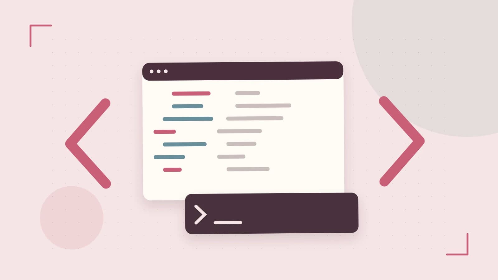 Editorial illustration of an abstract code editor, syntax blocks and oversized programming brackets