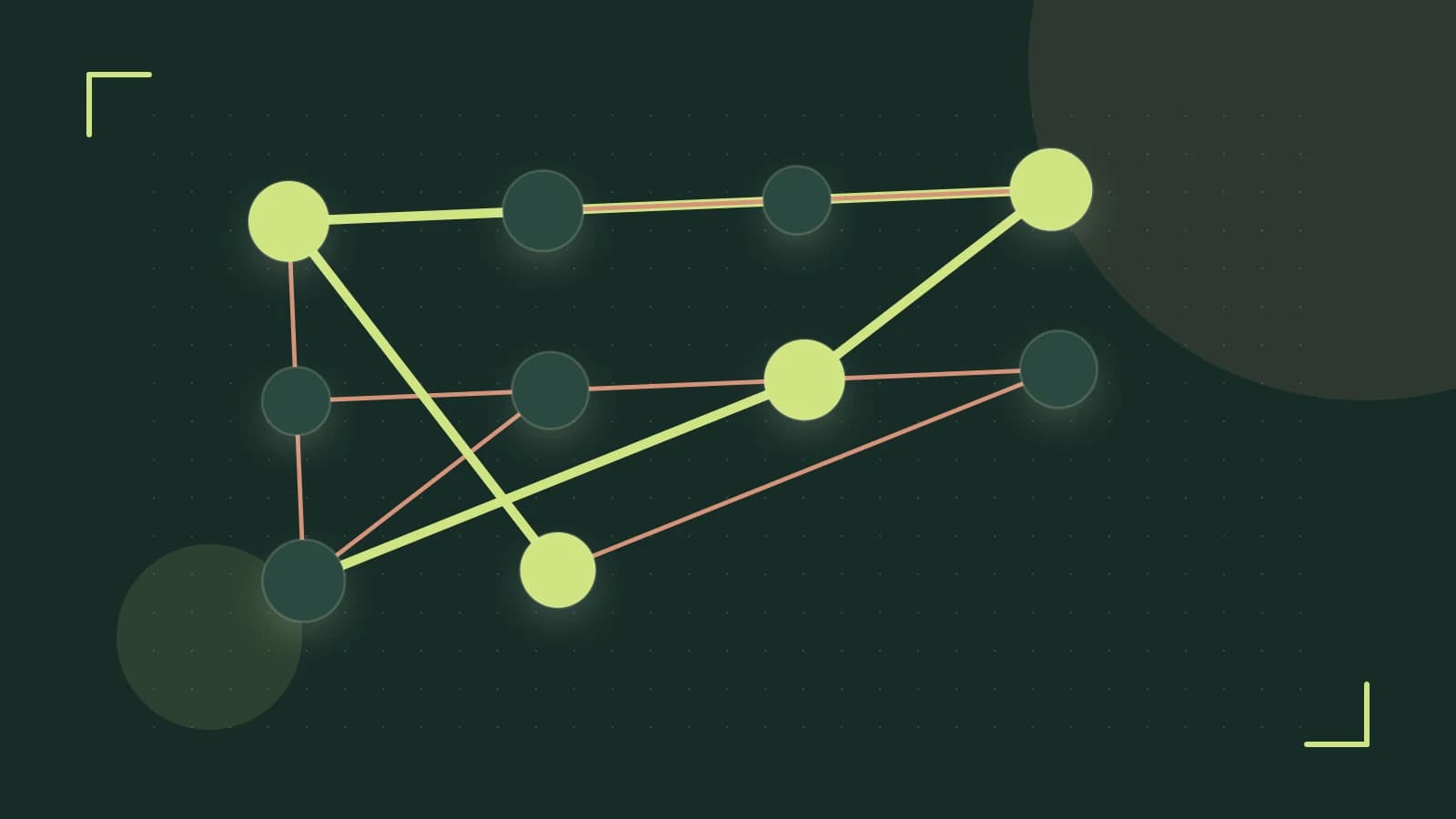 Editorial illustration of an algorithmic node graph with branching paths and a highlighted result