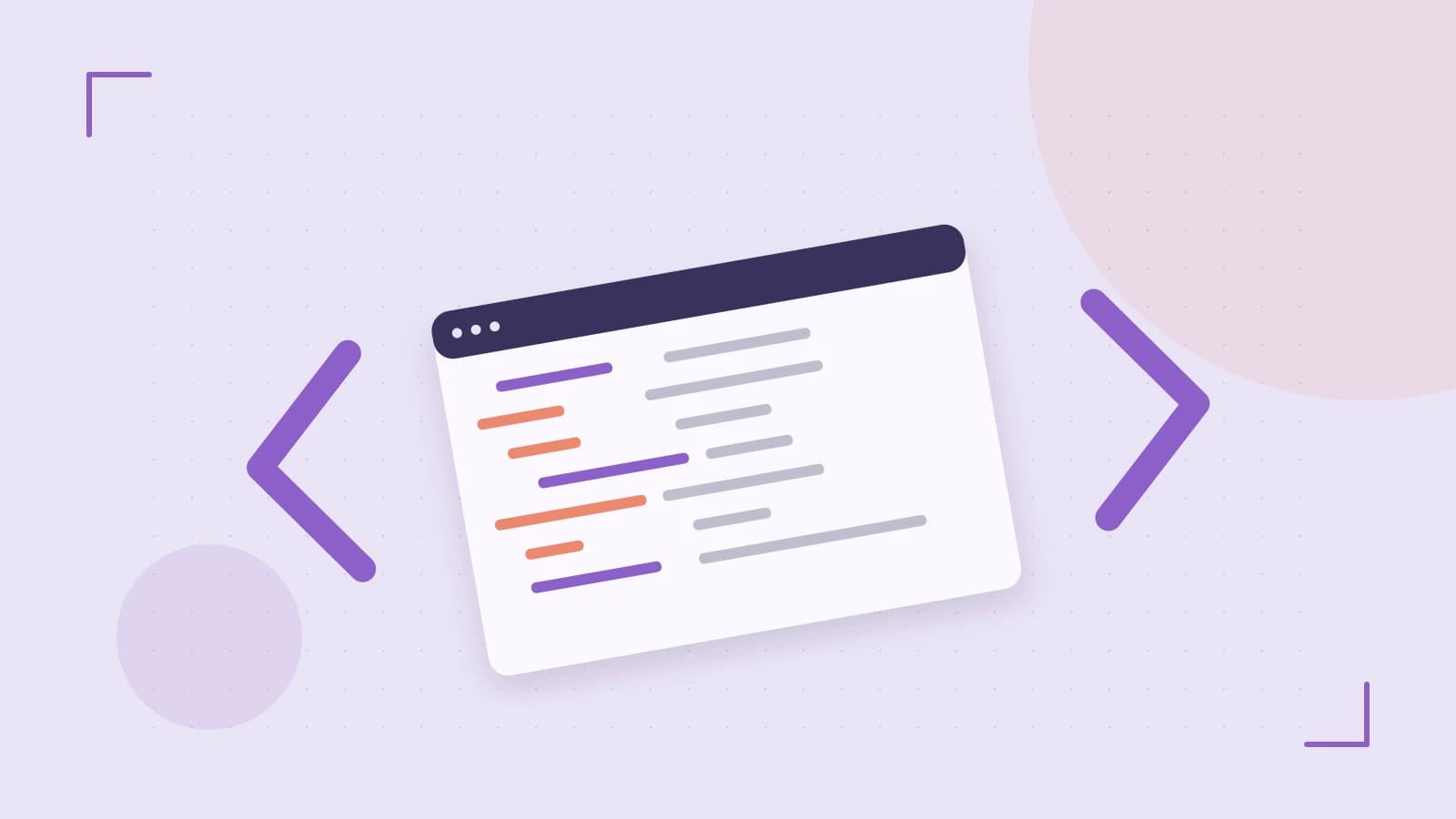 Editorial illustration of an abstract code editor, syntax blocks and oversized programming brackets