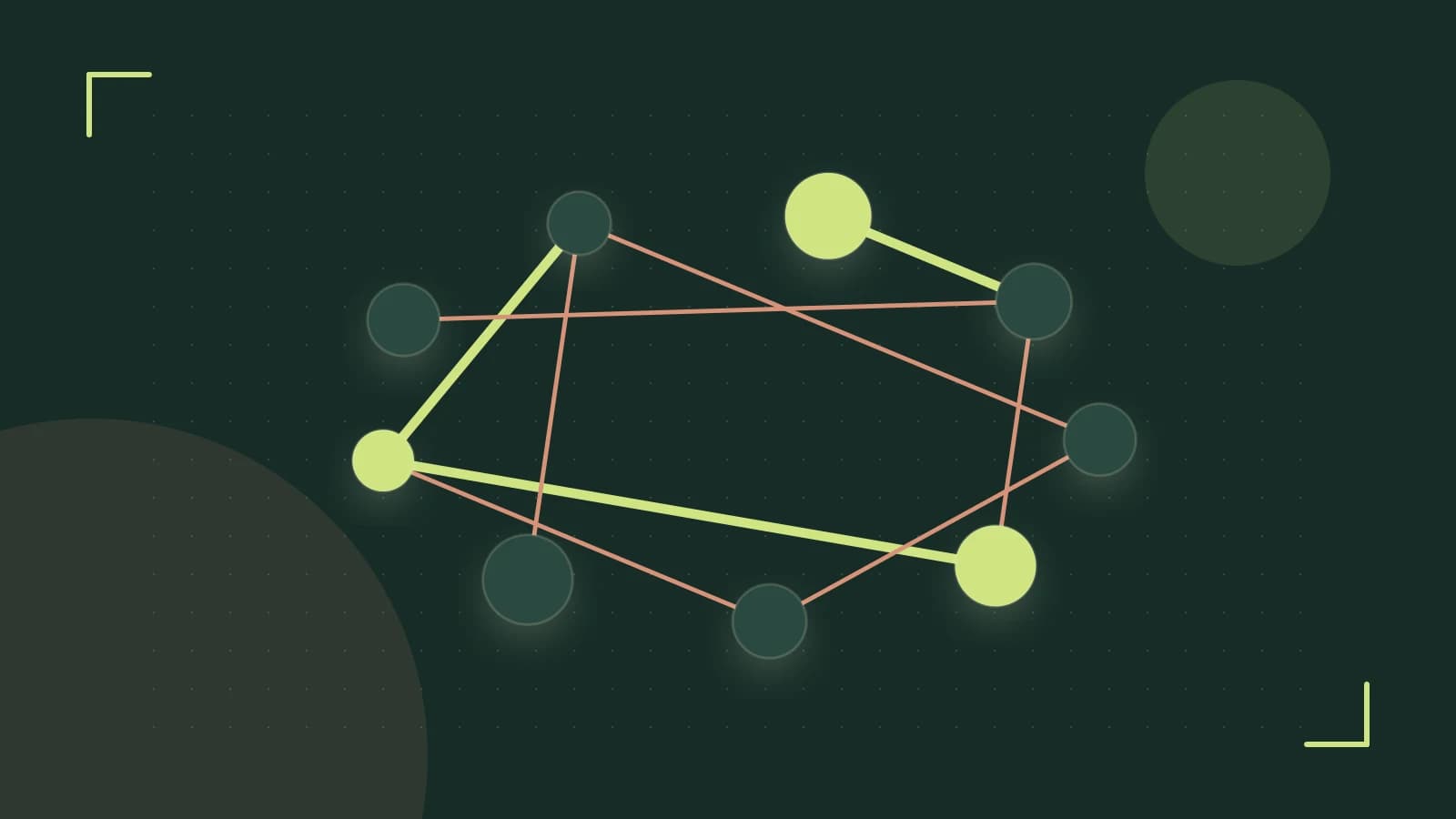Editorial illustration of an algorithmic node graph with branching paths and a highlighted result