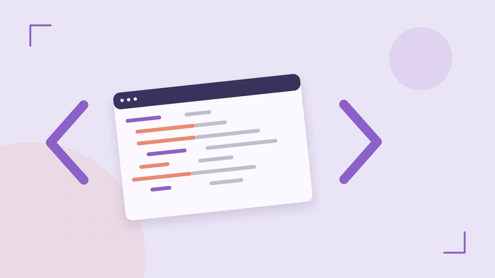Editorial illustration of an abstract code editor, syntax blocks and oversized programming brackets