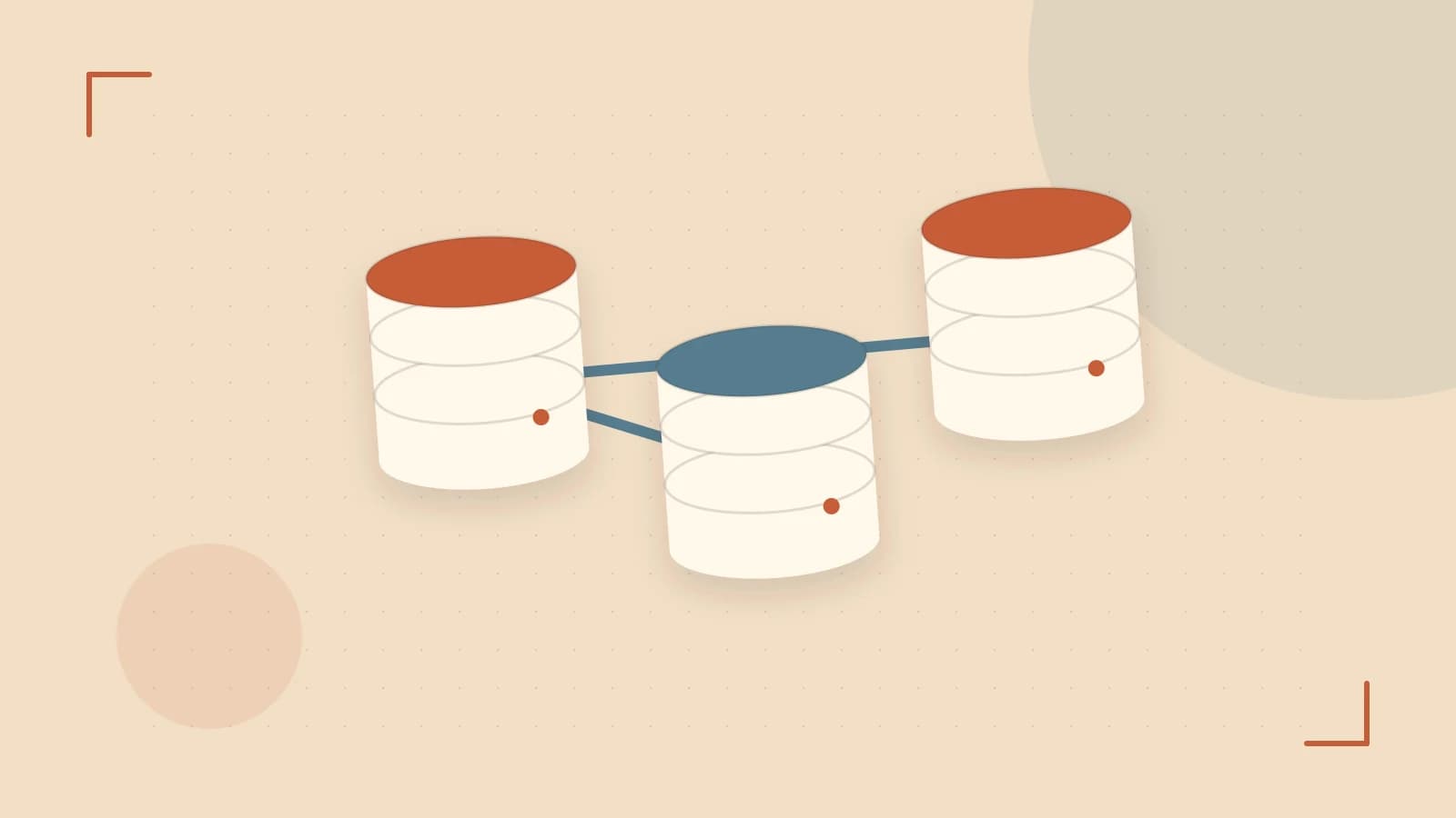 Editorial illustration of structured records, database cylinders and relationships between tables