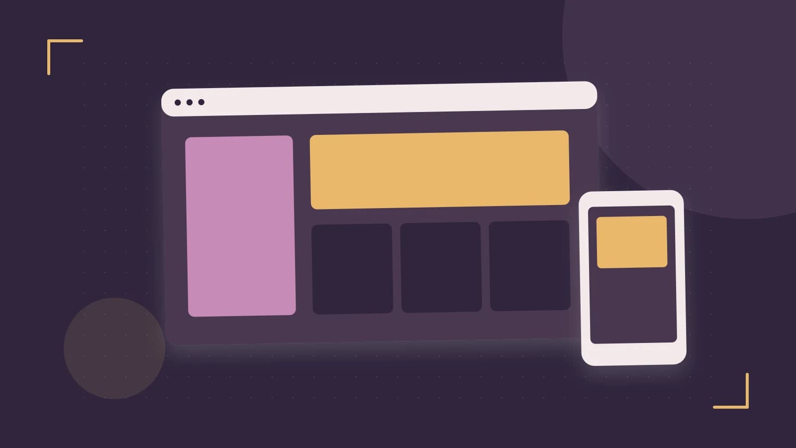 Editorial illustration of responsive browser layouts, overlapping design components and a color system