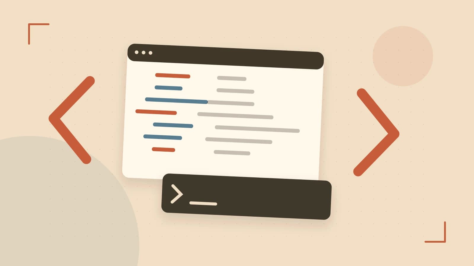 Editorial illustration of an abstract code editor, syntax blocks and oversized programming brackets