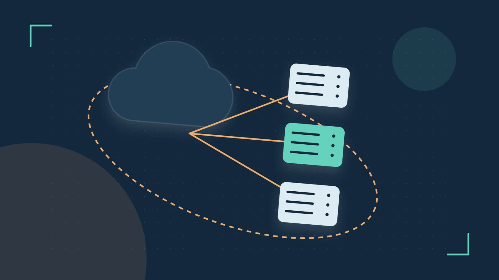 Editorial illustration of cloud infrastructure, connected server racks and an orbital service map