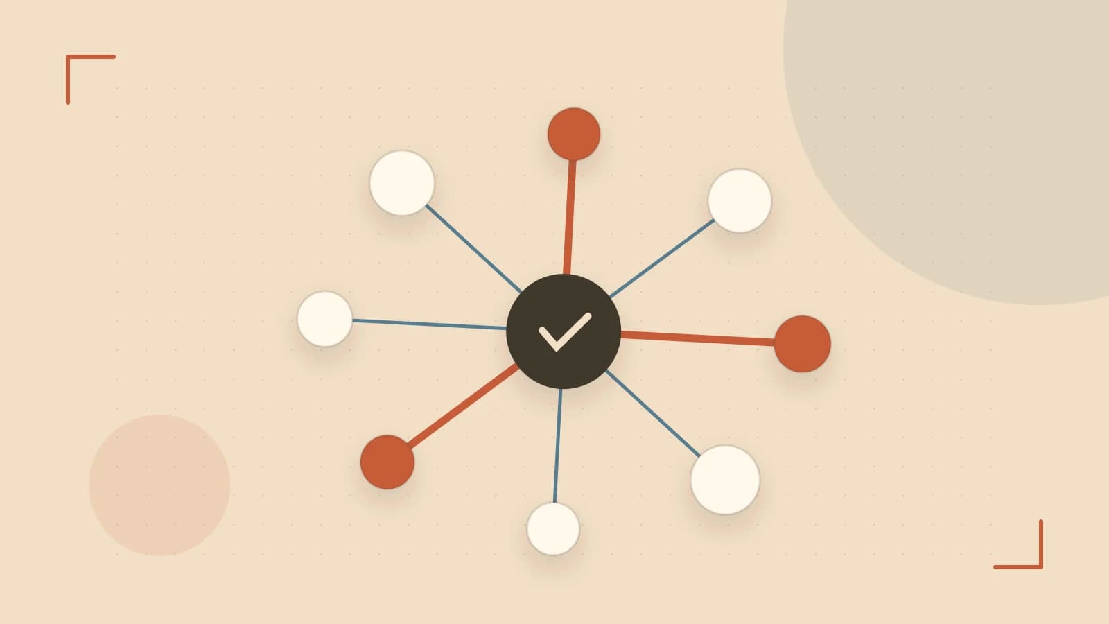 Editorial illustration of an algorithmic node graph with branching paths and a highlighted result