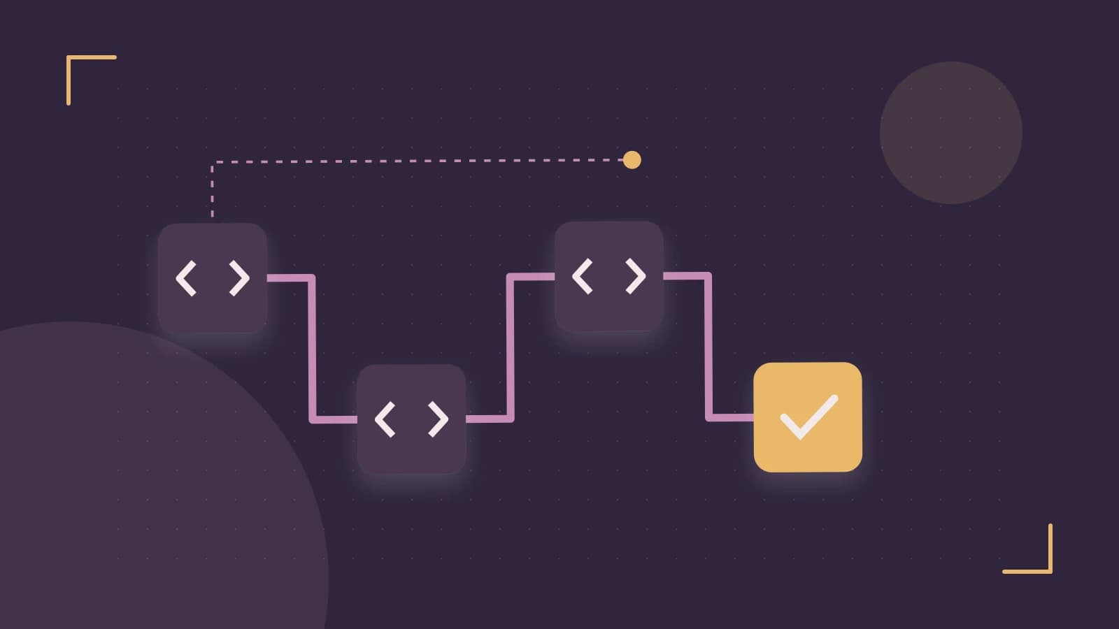 Editorial illustration of a branching build pipeline, staged transformations and a completed check